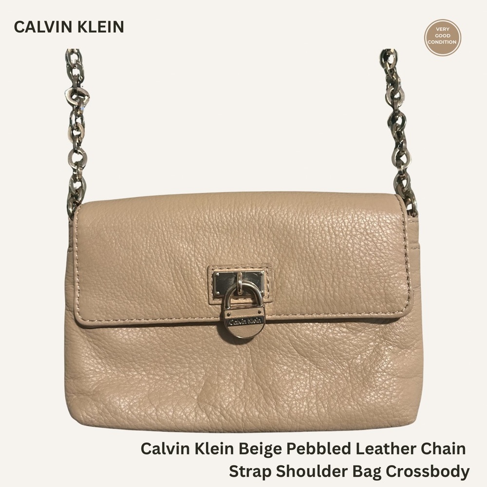 Calvin Klein Beige Pebbled Leather Chain Strap Shoulder Bag Crossbody